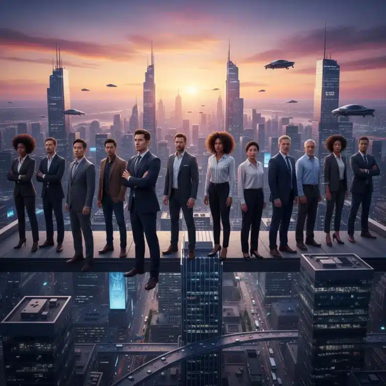 Professionals on a rooftop overlooking a futuristic cityscape, symbolizing 2026 success mindset