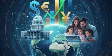2026 Economic Outlook: US Policy Shifts & Your Financial Future Illustration of economic indicators, global finance, US Capitol, and family reviewing financial data for the 2026 economic outlook.