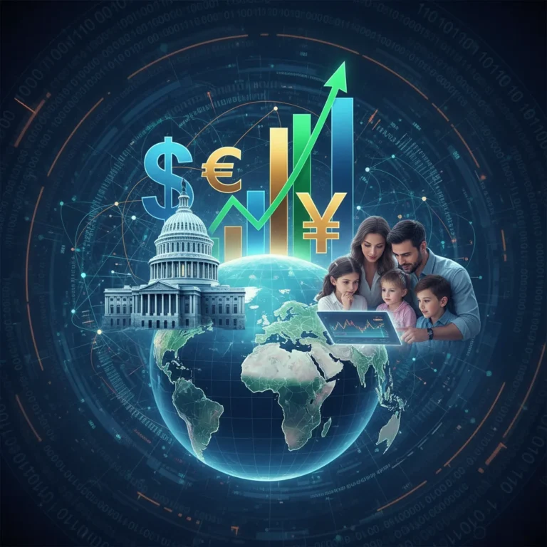 Illustration of economic indicators, global finance, US Capitol, and family reviewing financial data for the 2026 economic outlook.