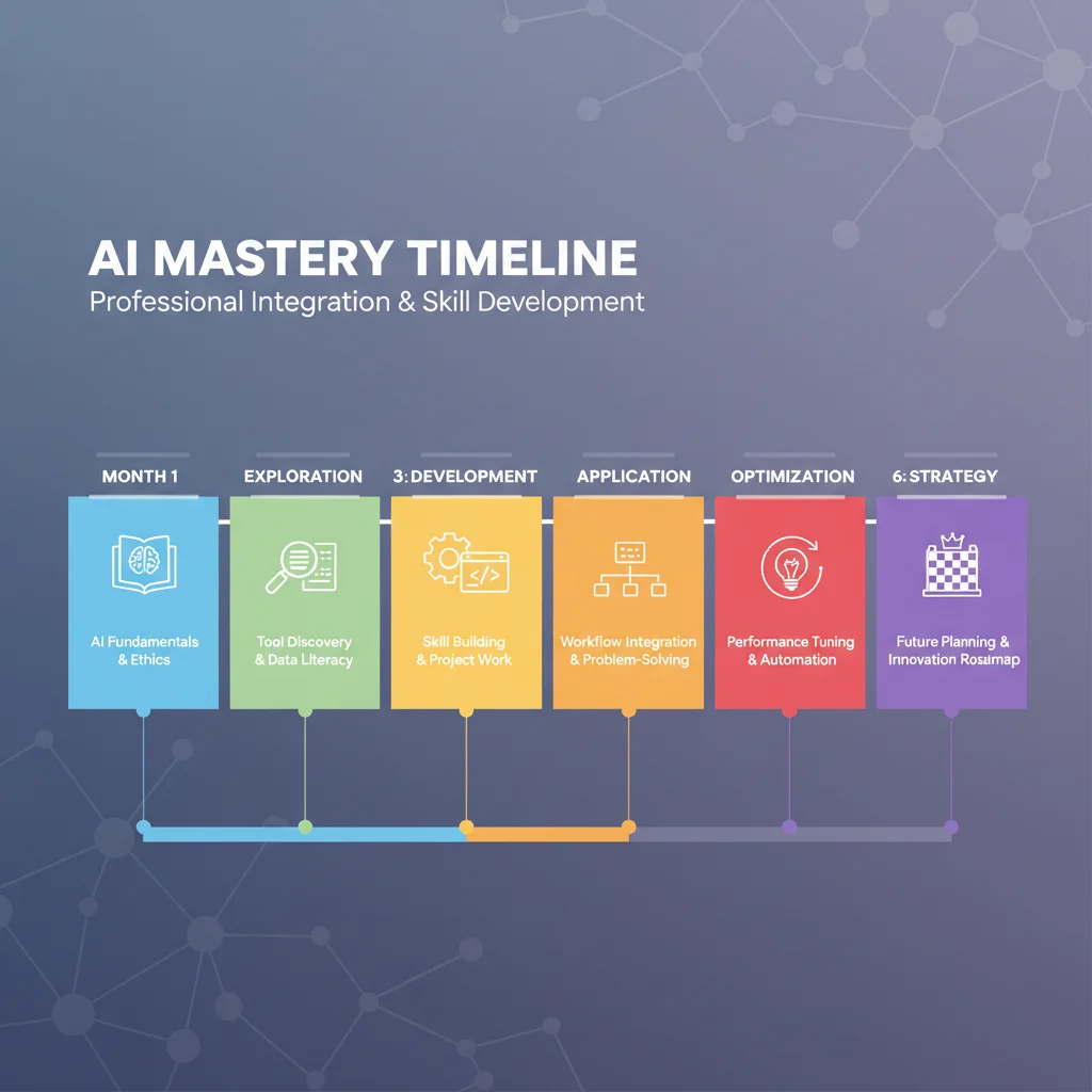 Infographic depicting a 6-month AI action plan timeline with key developmental stages.