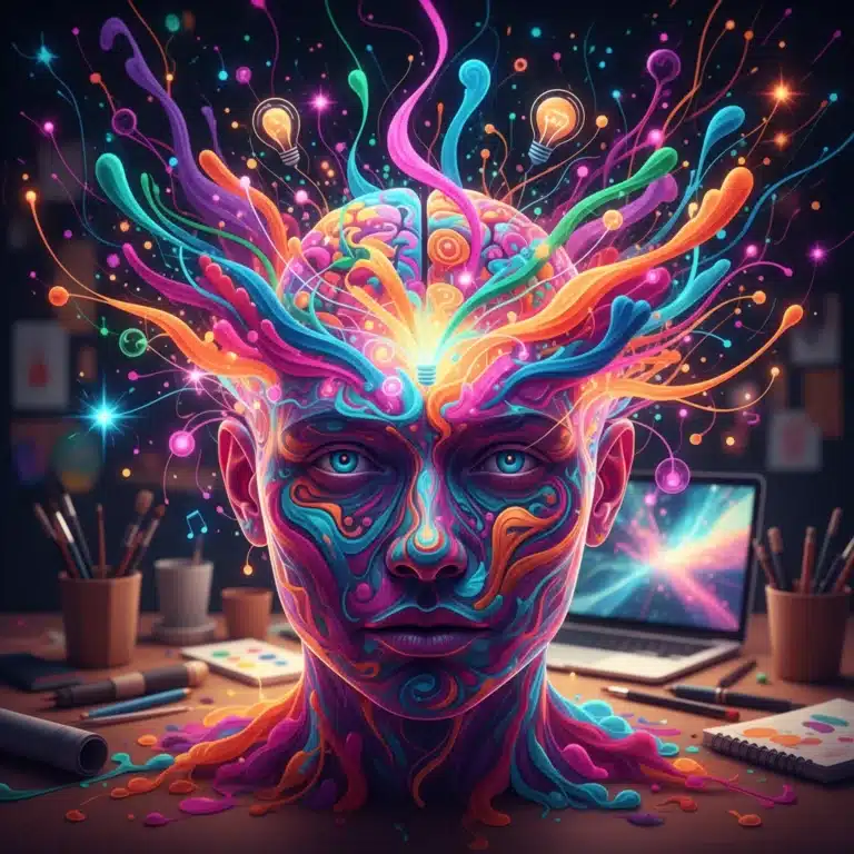 Abstract representation of a mind generating numerous creative ideas and boosted output.