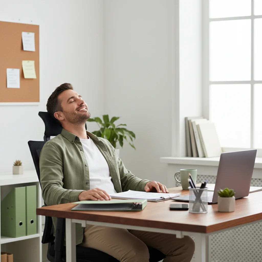 Person feeling accomplished after clearing small tasks, tidy workspace