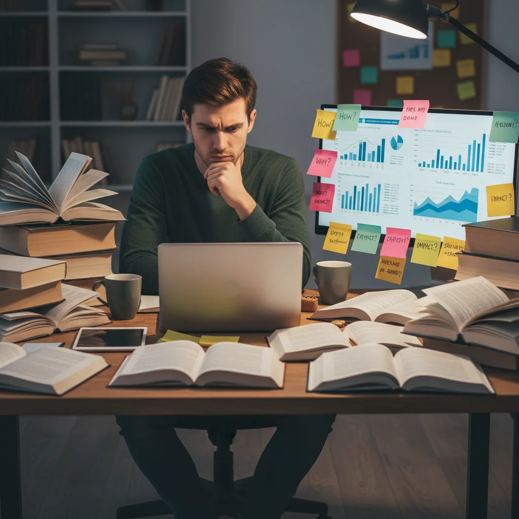 Person actively researching and learning, surrounded by knowledge resources.