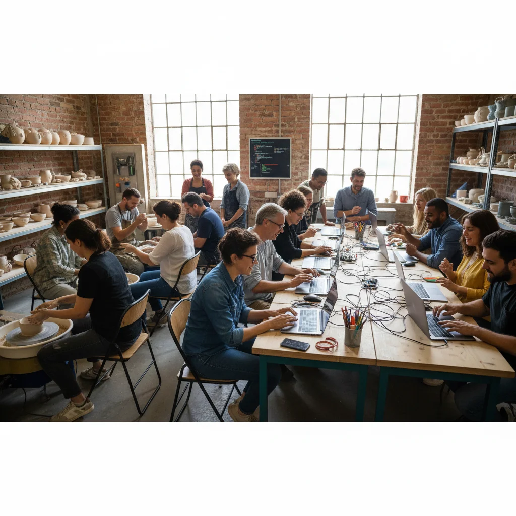 Adults learning new skills in a collaborative workshop setting.