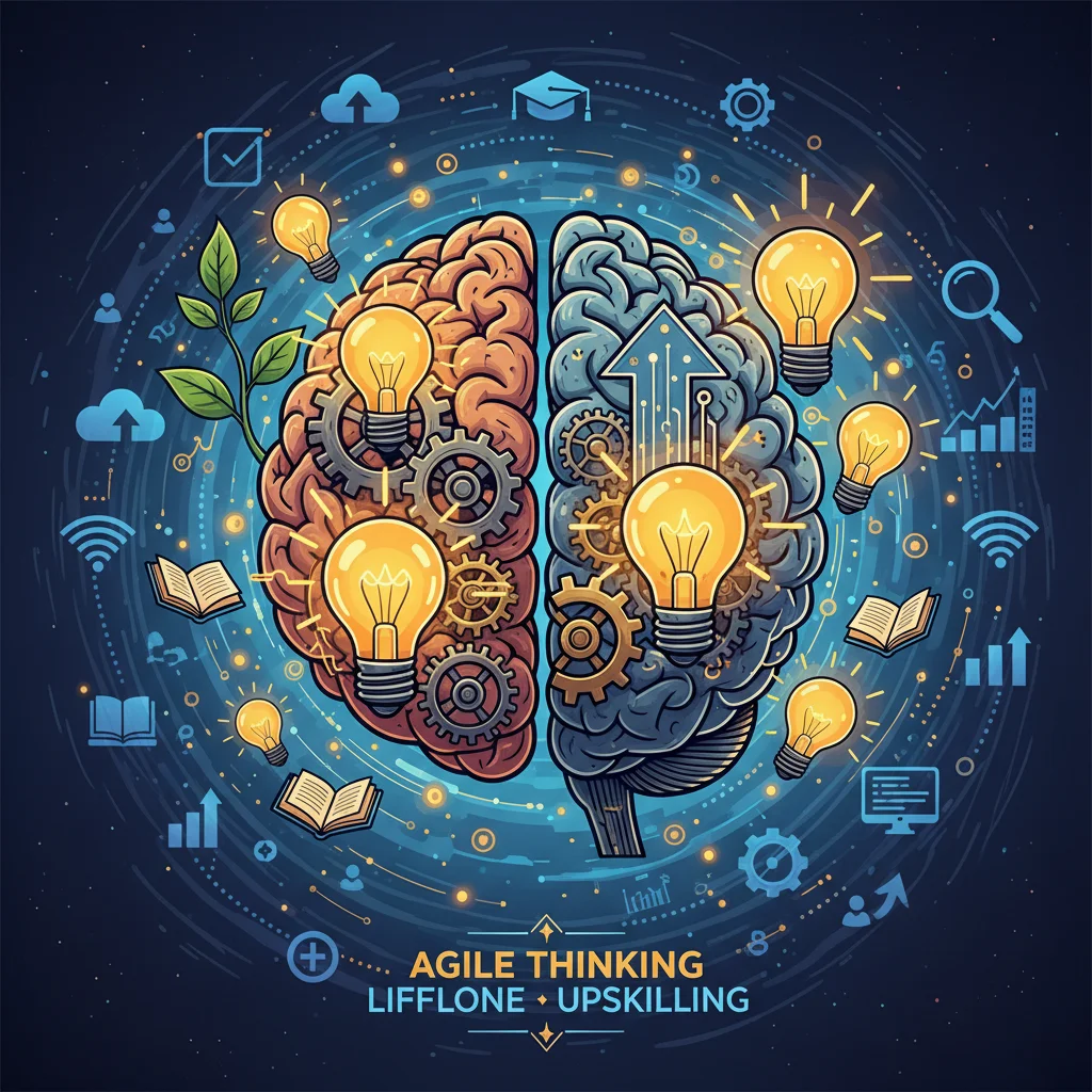 Illustration of a brain with gears and lightbulbs, representing agile thinking and continuous learning