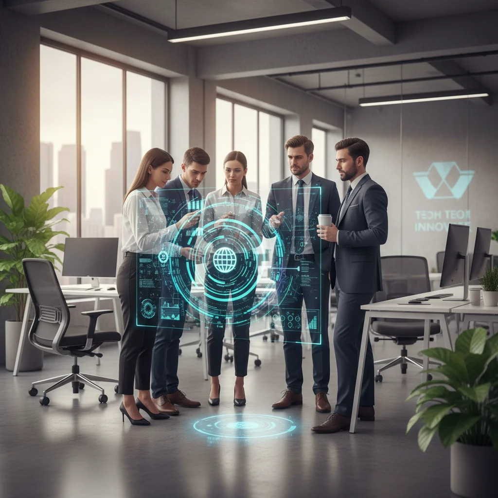 Business professionals collaborating with AI and data visualization on a holographic display.