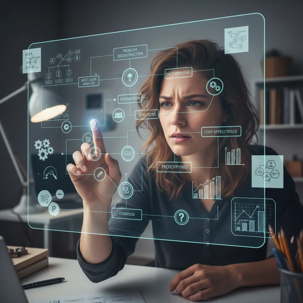 Person analyzing a complex flowchart, demonstrating active problem-solving and critical thinking.