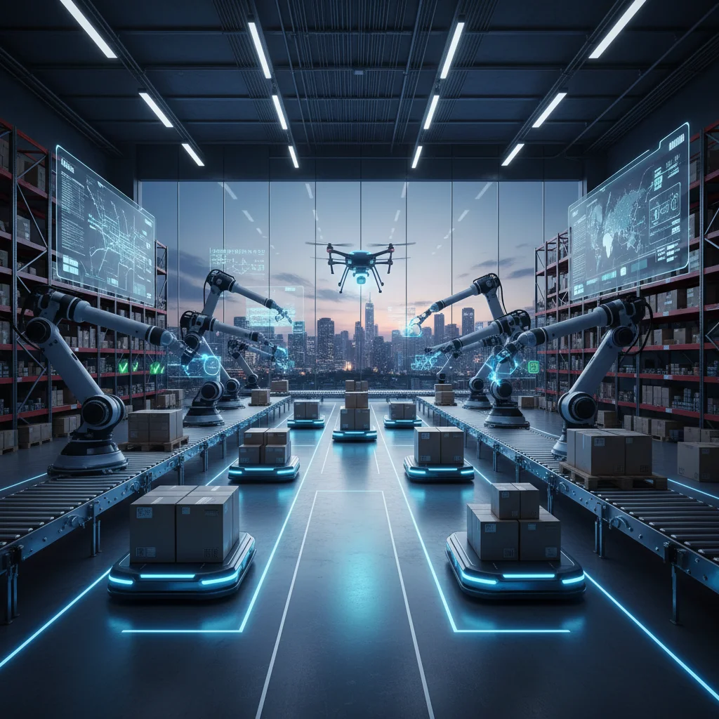 Automated warehouse with robotics and drones improving supply chain efficiency