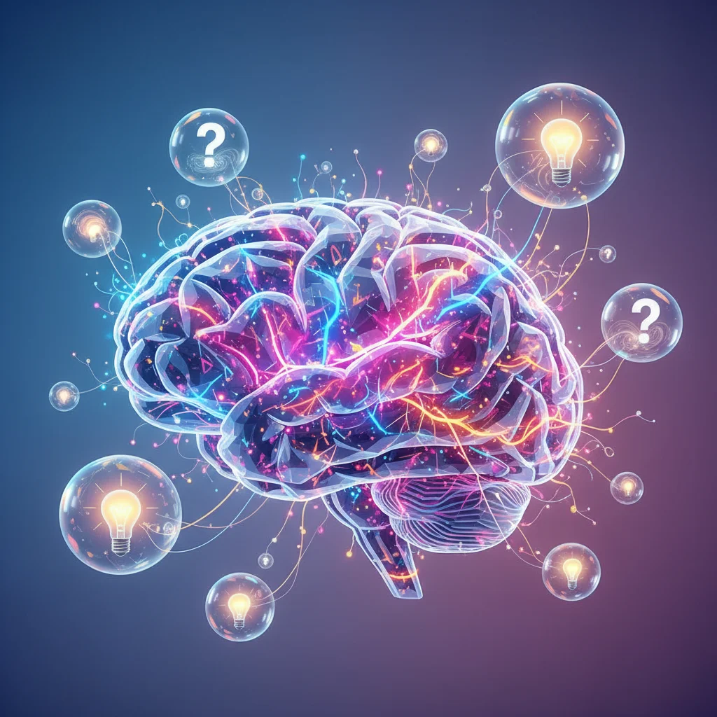 Illustration of a brain with glowing neural pathways and question marks, symbolizing enhanced problem-solving