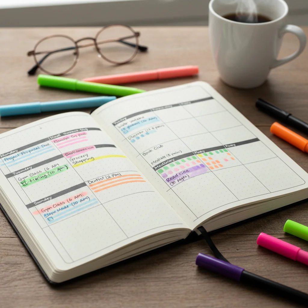 Detailed bullet journal spread with weekly tasks and color-coding