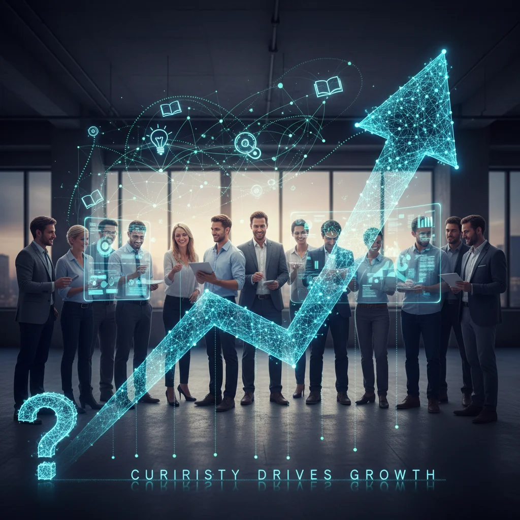 Growth chart with collaborating team, illustrating business expansion through collective curiosity.