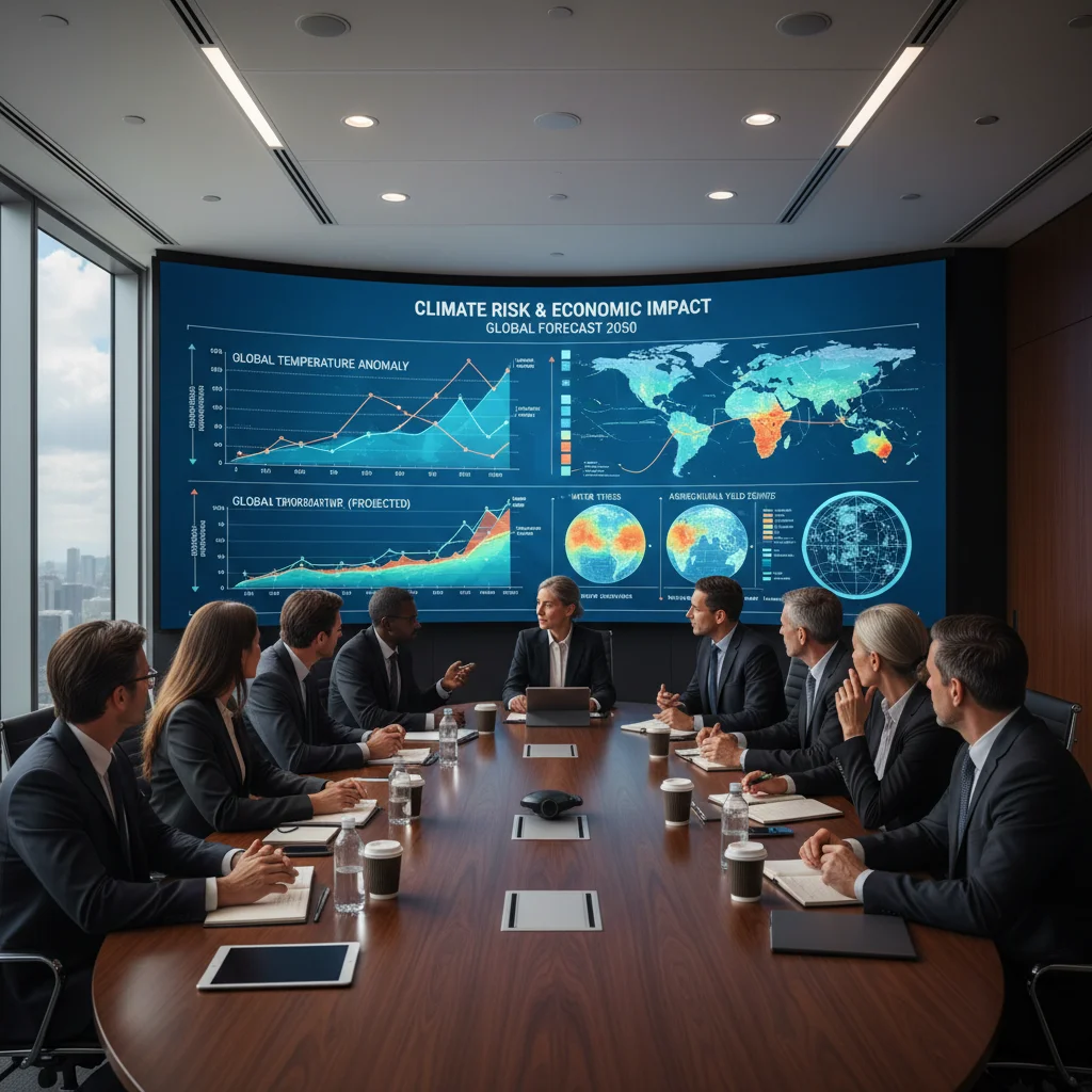 Business leaders discussing climate risk assessment and strategic planning in a modern conference room