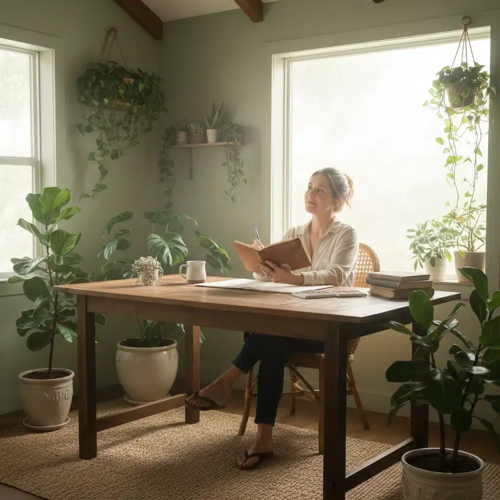 Individual in a calm, inspiring workspace focused on creative thinking.