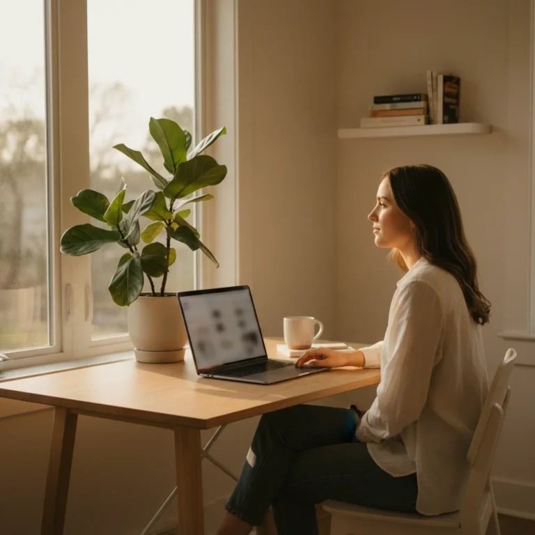 Person calmly focused at a minimalist desk after digital declutter