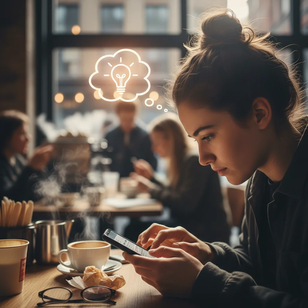 Person capturing a fleeting idea on a smartphone in a coffee shop