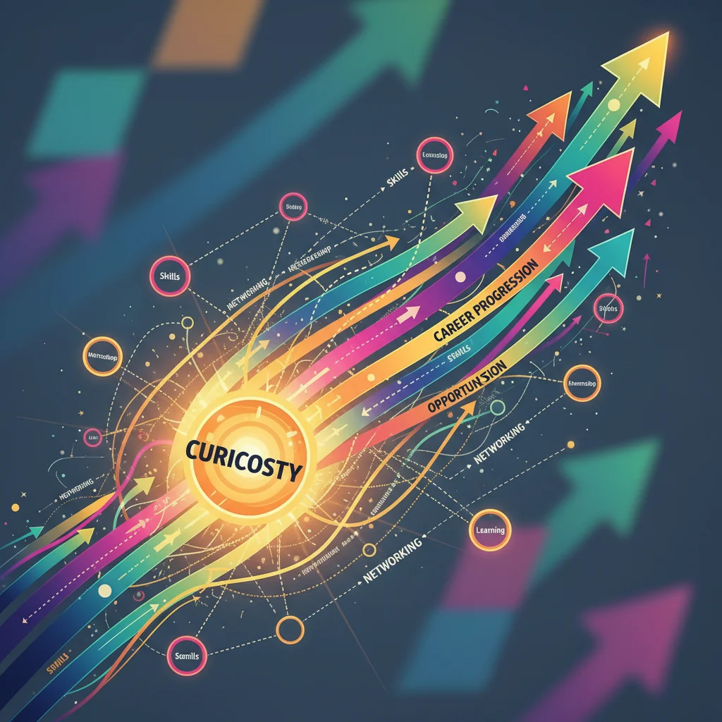 Infographic illustrating career progression and networking driven by curiosity.