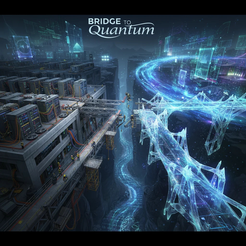 Bridge between classical and quantum computing, representing the technological transition for businesses.