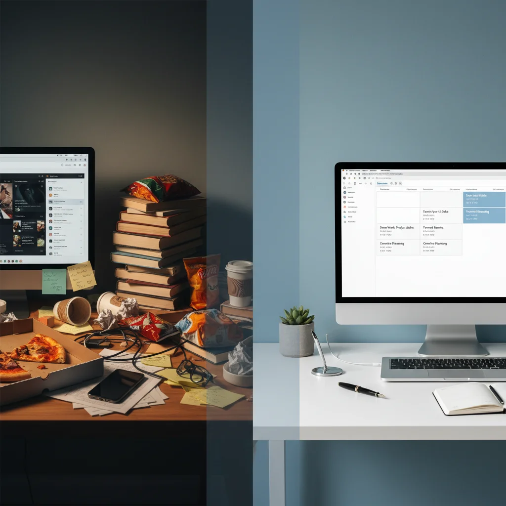 Contrast between a cluttered desk and an organized desk with a visible time-blocked schedule, symbolizing productivity transformation.