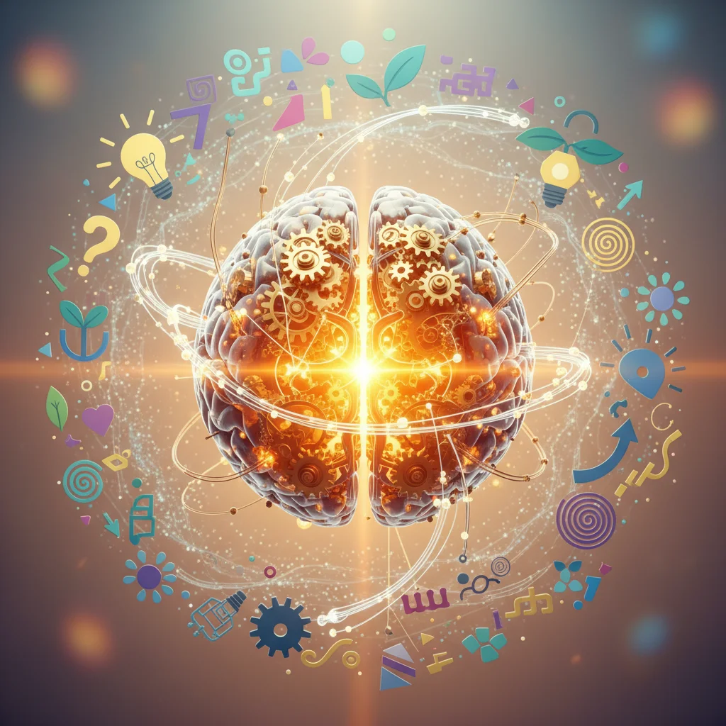Illustration of a brain with gears, symbolizing cognitive reframing and new thought patterns.