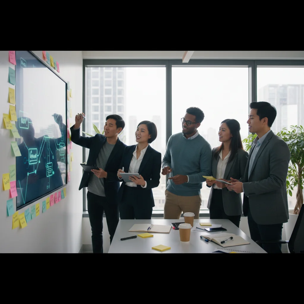 Diverse team brainstorming with interactive screens and sticky notes, illustrating collaborative innovation.