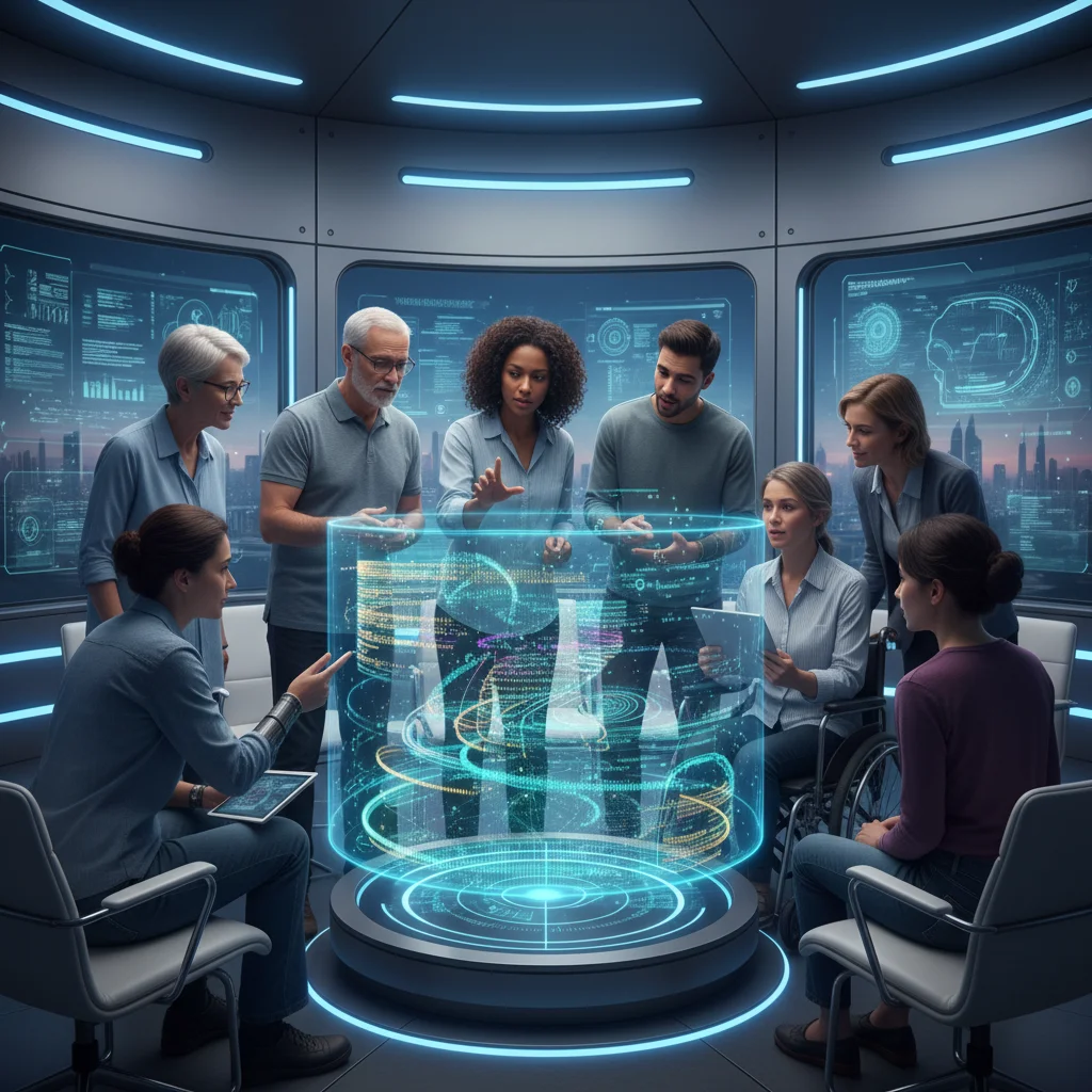 Diverse group collaborating around a holographic display, fostering shared curiosity and collective learning.