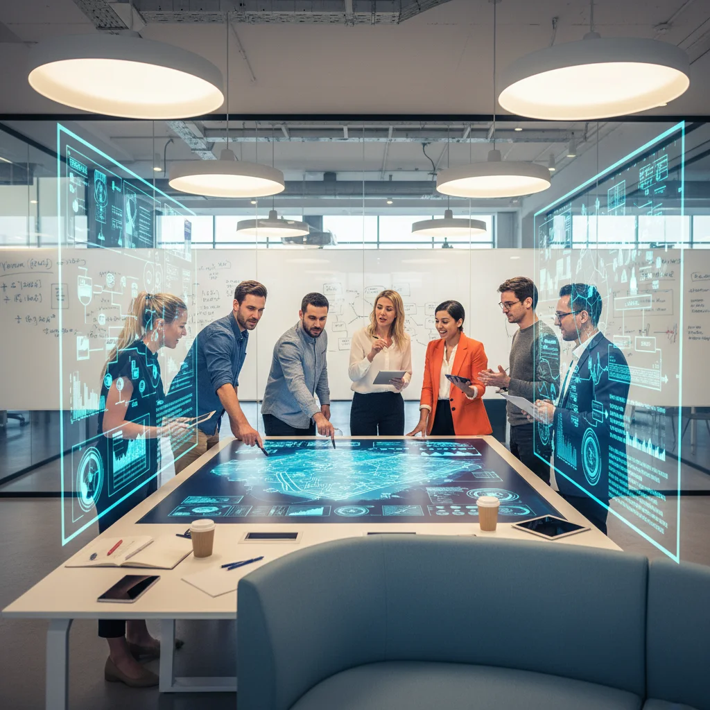 Diverse team collaborating on innovative solutions in a modern office environment.