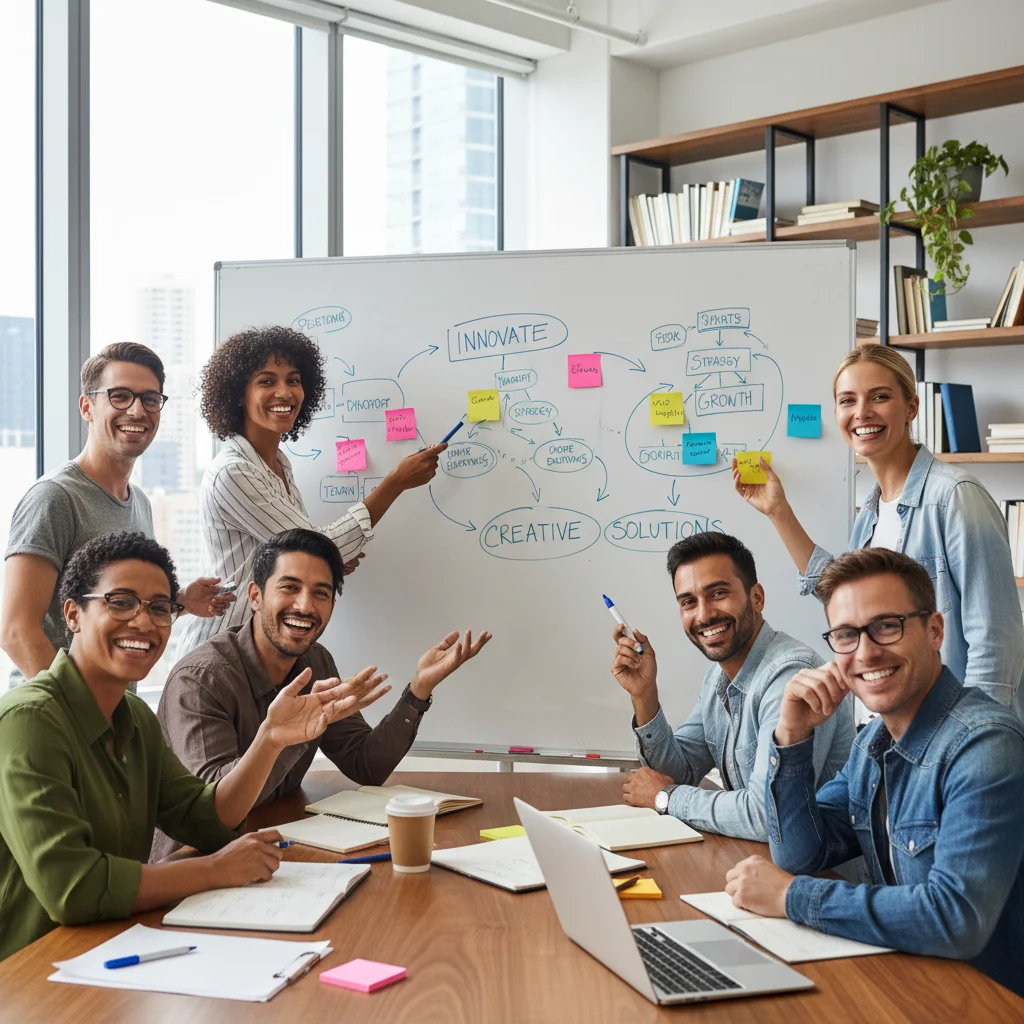 Diverse team collaborating in a brainstorming session, fostering shared curiosity and generating new ideas.