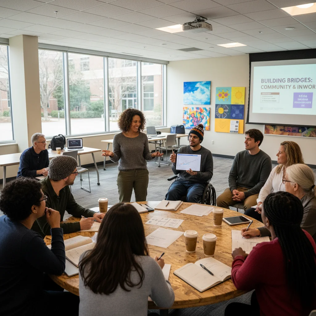 Diverse group engaged in collaborative learning and discussion, fostering new intellectual connections.