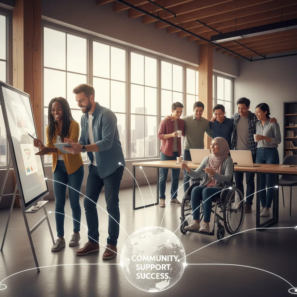 Diverse group collaborating and supporting each other in a modern office