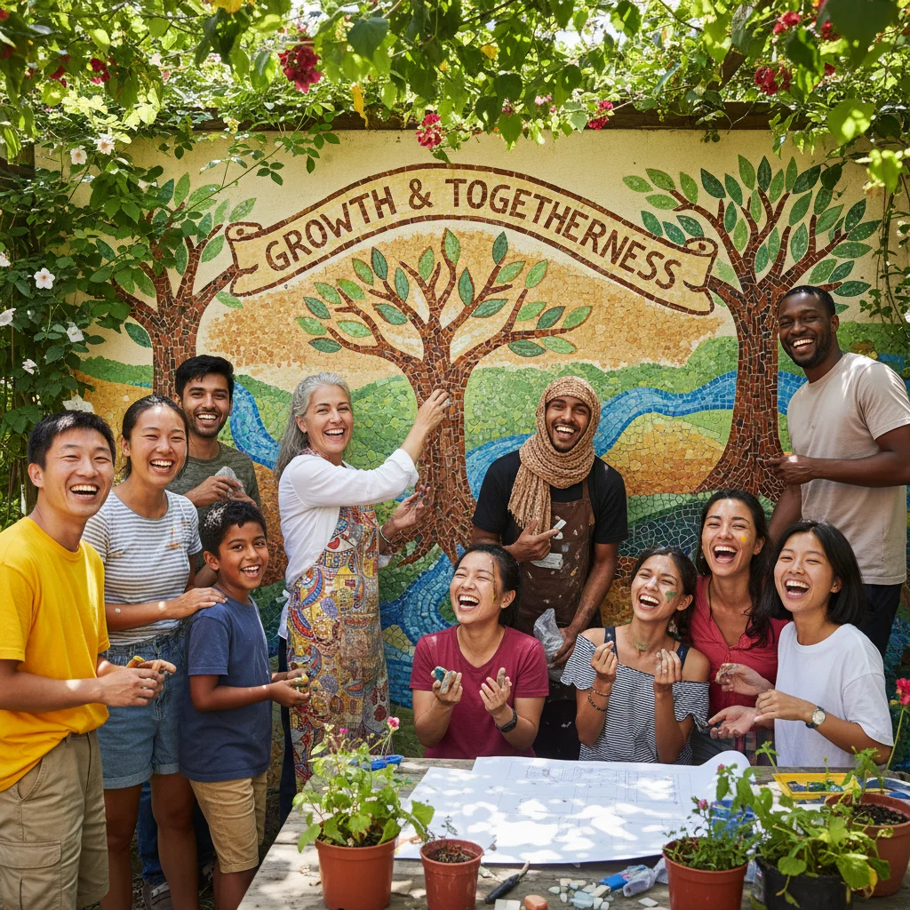 Diverse group of people collaborating happily, representing community and supportive relationships.