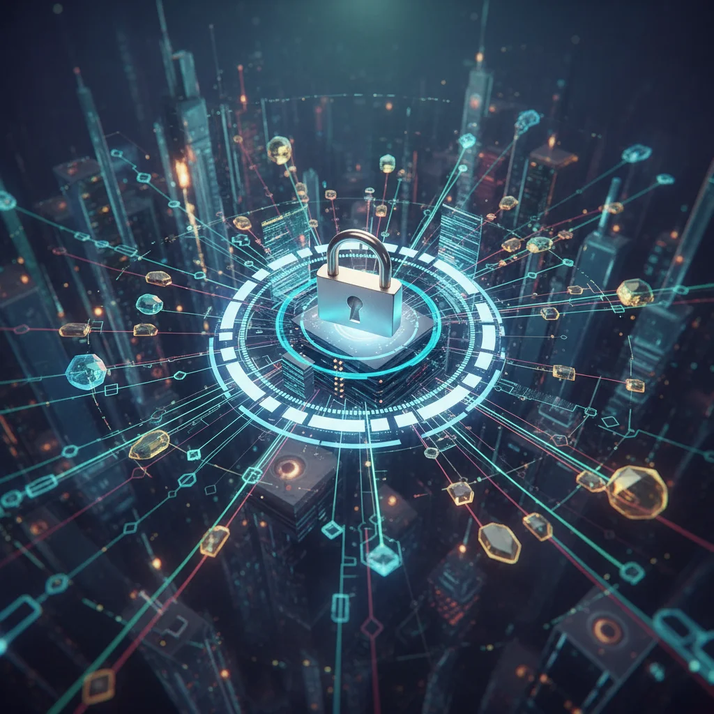 Complex digital data flow network with central security lock icon