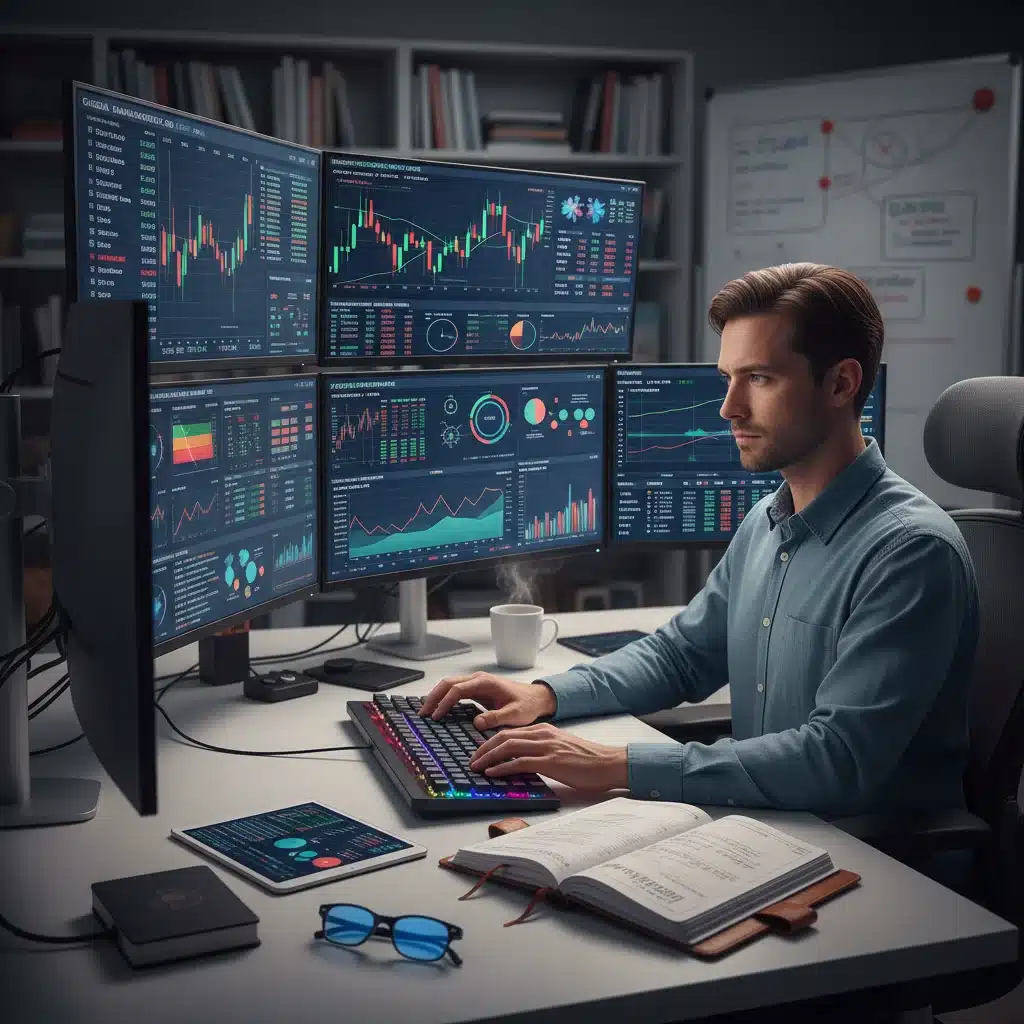 Person analyzing data on multiple screens, epitomizing continuous learning and adaptability