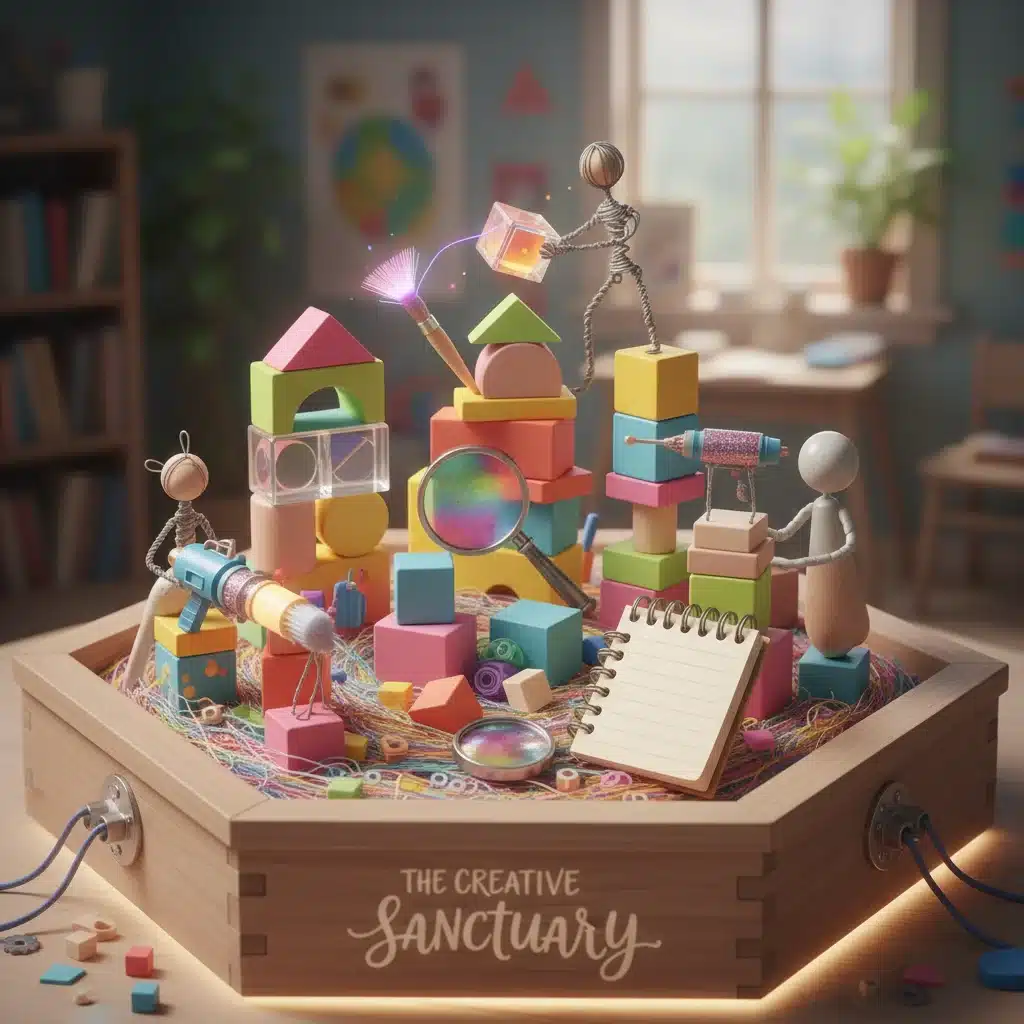Creative sandbox with diverse objects symbolizing playful experimentation and ideation.