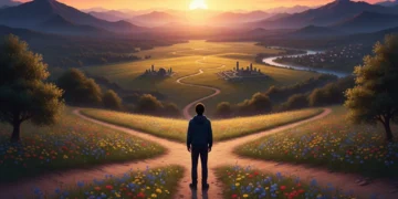 Authentic Self-Discovery: 4 Steps for a Fulfilling Year Person contemplating multiple paths at a crossroads, symbolizing authentic self-discovery and life choices.