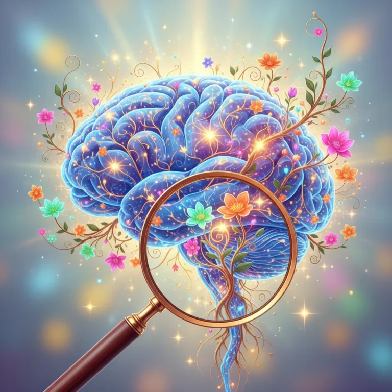 Abstract representation of an active, curious brain with glowing connections and elements of discovery.