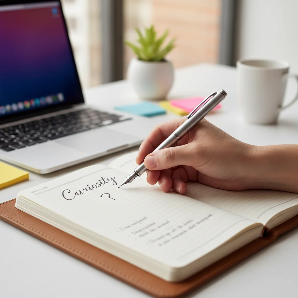 Person taking notes during a curiosity break at work, fostering learning