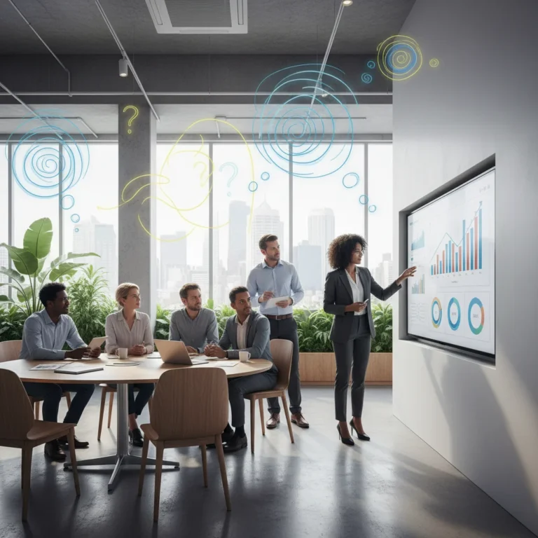 Professionals collaborating, demonstrating curiosity and innovative thinking in a modern office.