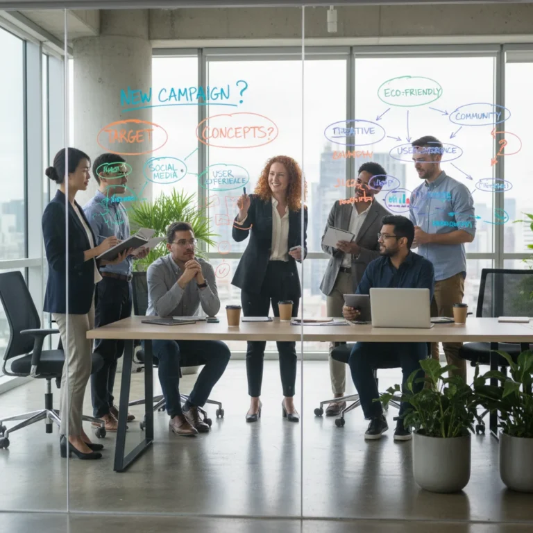 Diverse team collaborating, fostering curiosity and innovation in a modern office.