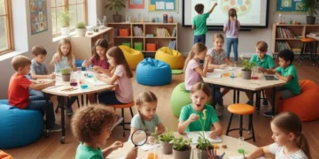 Curiosity-Driven Learning: Redefining US Education in 2026 Children engaged in hands-on science experiment, promoting curiosity-driven learning in a modern classroom.