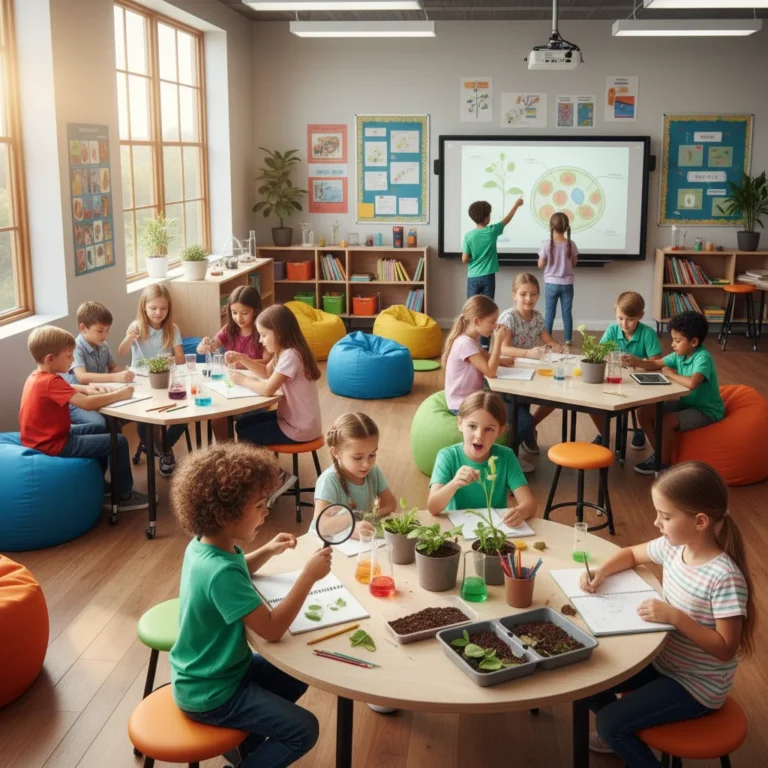 Children engaged in hands-on science experiment, promoting curiosity-driven learning in a modern classroom.
