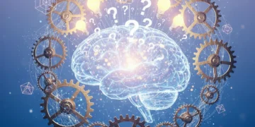 Brain with question marks and lightbulbs, symbolizing curiosity and innovative problem-solving.