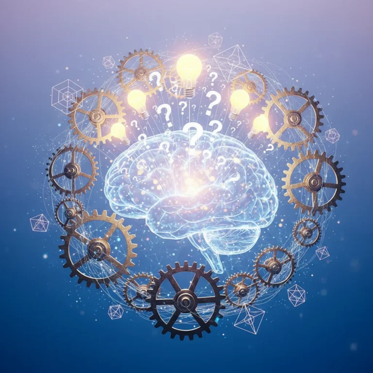 Brain with question marks and lightbulbs, symbolizing curiosity and innovative problem-solving.
