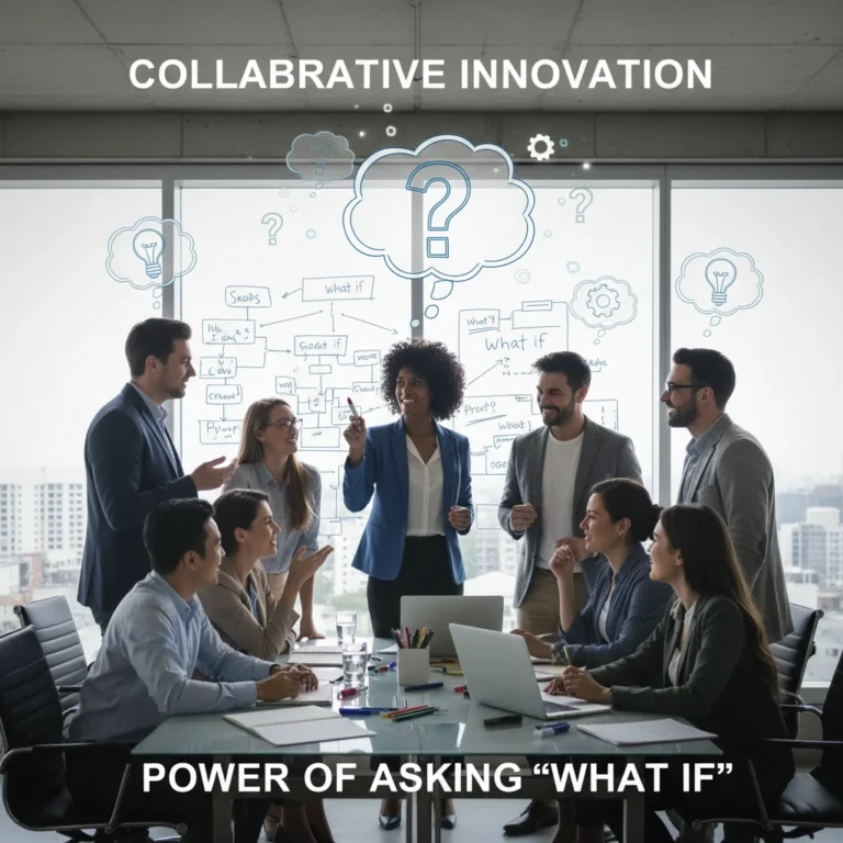 Professionals brainstorming with 'what if' questions, symbolizing curiosity-driven innovation.