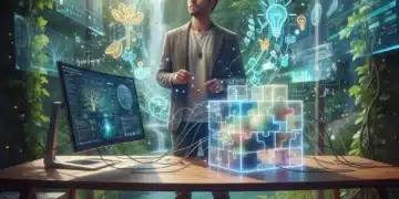 Curious individual solving a complex puzzle, surrounded by innovative ideas and solutions.