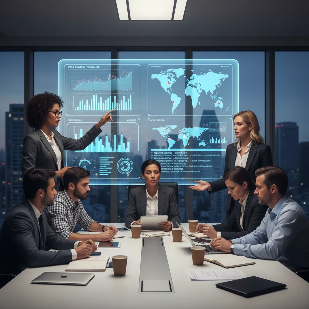 Business team collaborating on cybersecurity strategy and threat response