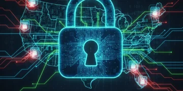 Futuristic digital padlock over US map representing cybersecurity for businesses