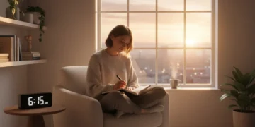 Person reflecting with journal by window at dawn