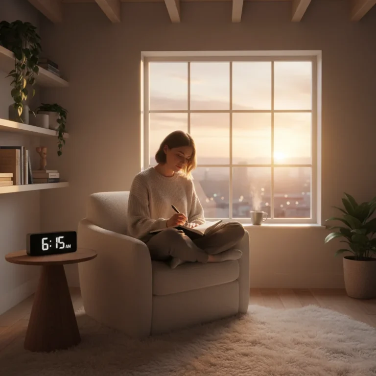 Person reflecting with journal by window at dawn