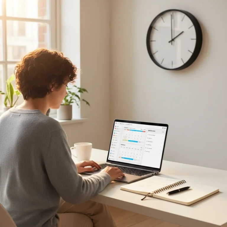Person conducting a 10-minute daily review at a clean desk with laptop and notebook.