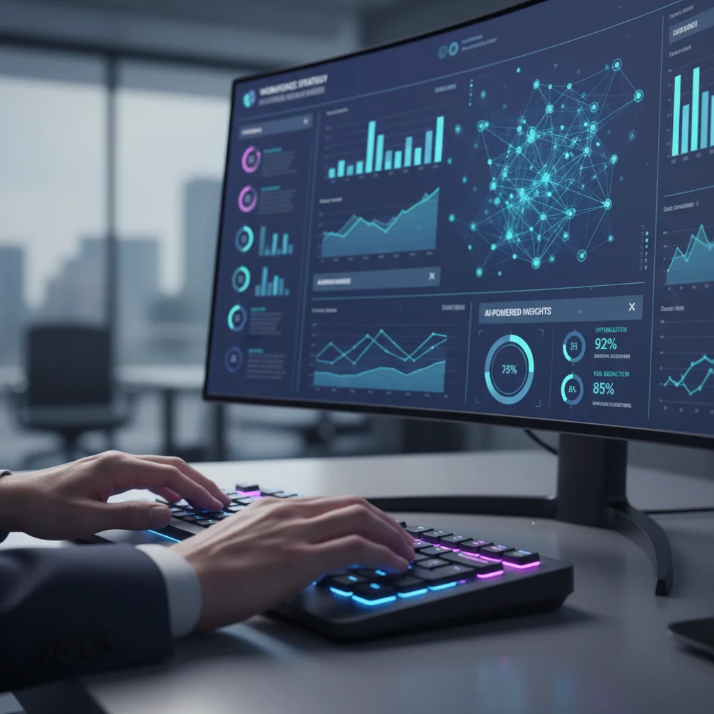 Hands on keyboard with data visualizations, showing AI and data integration